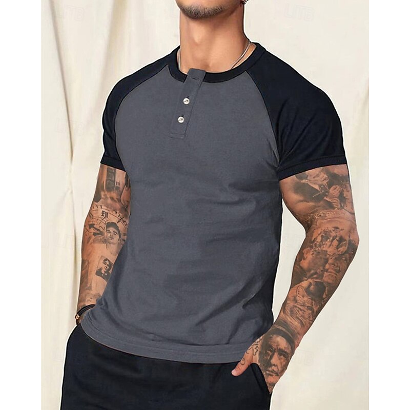Men's Button T Shirt T Shirt Henley Shirt Tee Short Sleeve Henley Spring & Summer Color Block Fashion Designer Basic Patchwork Buttons Vacation Street Going out White Red Navy Blue Top Tee for Men4
