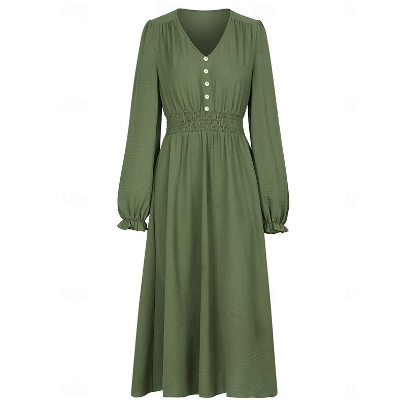 Women's Midi Dress Casual Dress A Line Dress Stylish Basic Casual Vacation Daily Regular Fit Plain Long Sleeve V Neck Black Army Green Summer Spring3