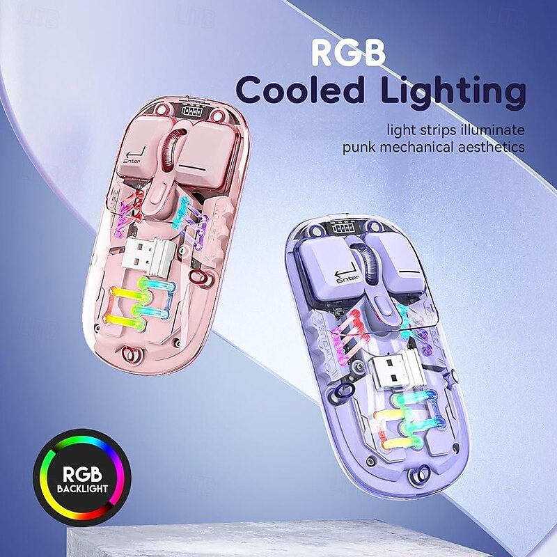 Transparent Dual-Mode Mice BT5.0 2.4G One-Button Switching Type-C 400mAh Rechargeable Mouse Three-Level Movement Speed Adjustable RGB Lights Magnetic PC Cover Custom Drivers