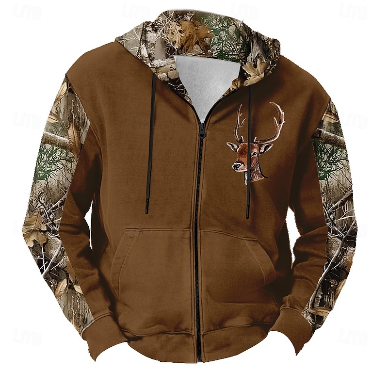 Men's Camo Deer Hoodies Fashion Daily Long Sleeve Hooded Vacation Hunting Black Brown Drawstring Zipper Fall Winter Designer4