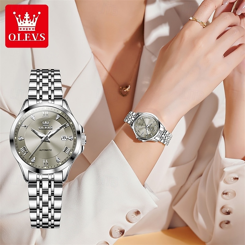 Olevs Olevs Brand Women'S Fashion Mechanical Watch Luminous Calendar Fashion Trend Roman Dial Quartz Watch Simple Leisure Waterproof Sports Ladies Wristwatch Rhinestone3