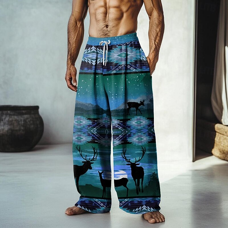 Men's Aztec Ethnic Pants Trousers Mid Waist Drawstring Elastic Waist Hawaiian Casual Outdoor Vacation Holiday Straight Leg Trousers Summer Spring Fall 3D Print Blue Purple Orange4