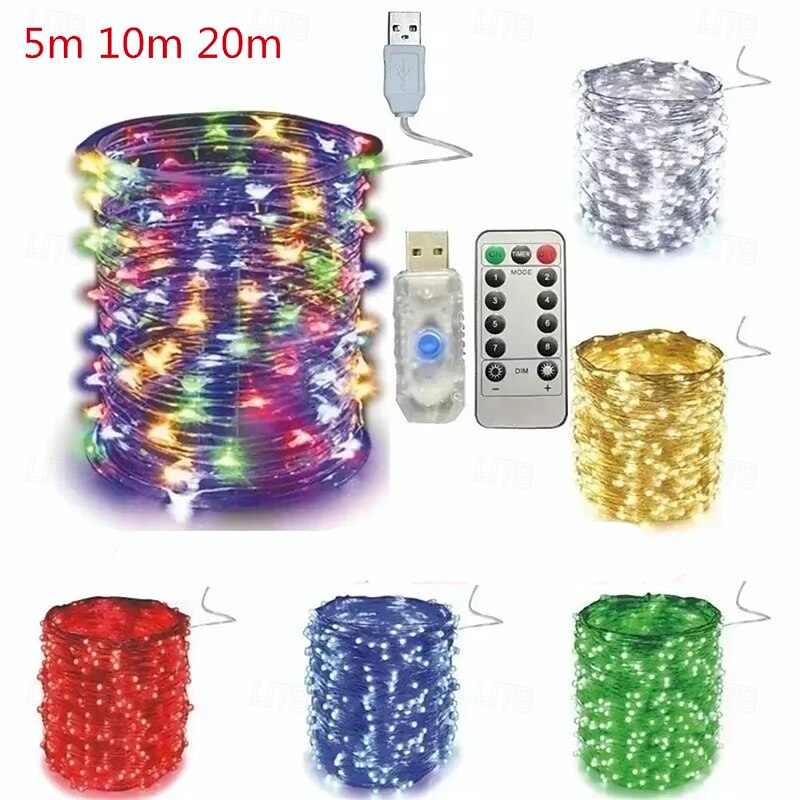 Elegant Wedding Reception Party 2pcs USB LED String Light 5M/10M/20M Telecontrol 8Mode Remote Control Lights Fairy garlands Wedding Christmas Holiday Decor lamps