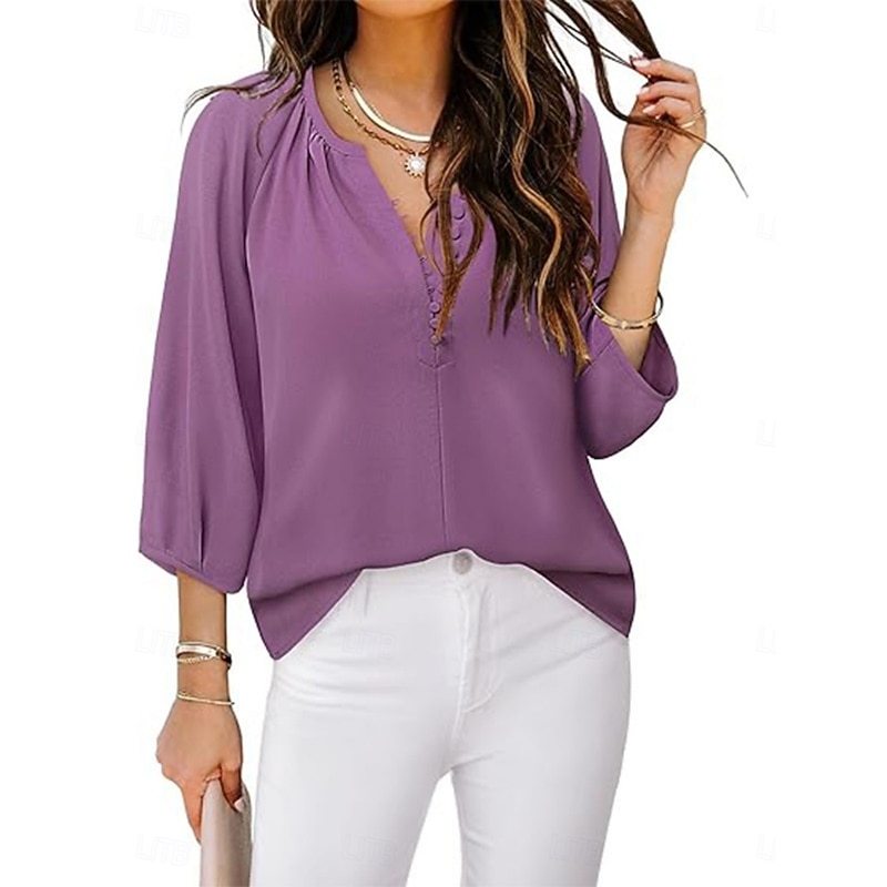 Women's Shirt Blouse Solid Color Business Modern Casual 3/4 Length Sleeve V Neck Regular Tops Work Formal Wear Buttons Purple Beige Summer Spring