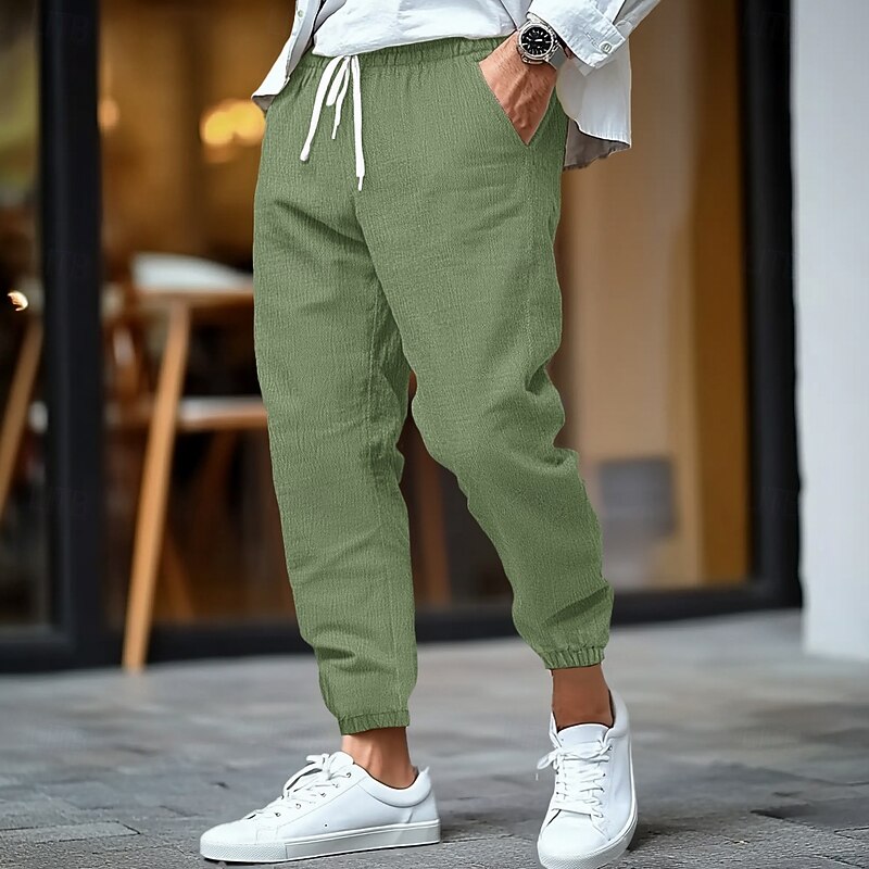 Men's Linen Pants Trousers Summer Pants Elastic Waist Straight Leg High Rise Solid Color Comfort Breathable Full Length Business Business Black White High Waist Inelastic2