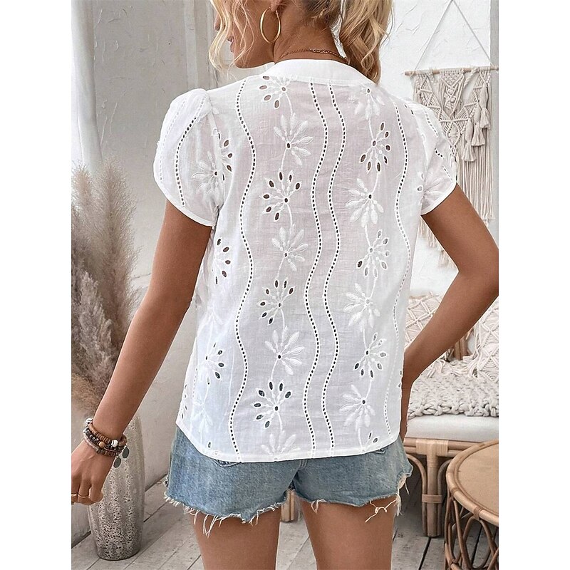 Women's Shirt Blouse Solid Color Daily Stylish Casual Short Sleeve V Neck Regular Tops Work Daily Going out Embroidered White Summer Spring4