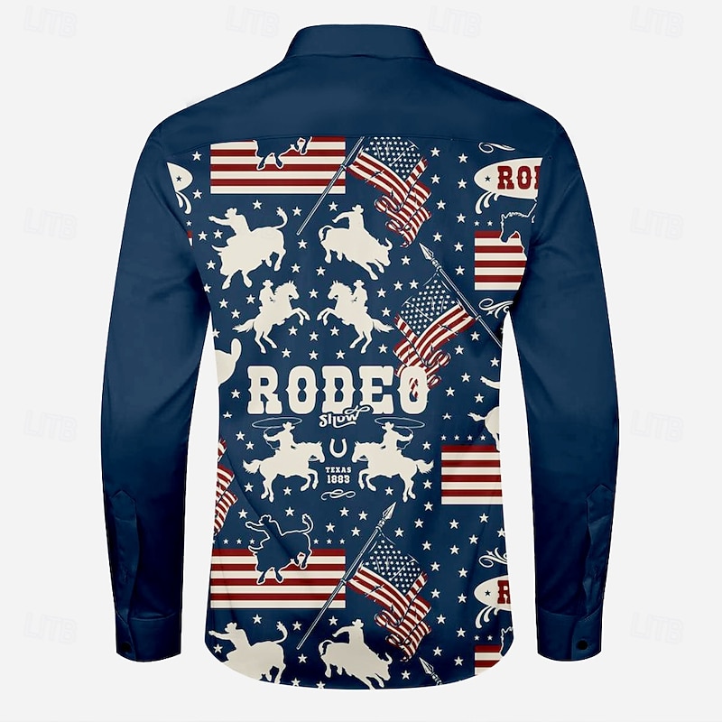 Men's American Flag Western Shirt Cowboy Shirt Long Sleeve Western Casual Spring Fall Turndown Button Up Blue2