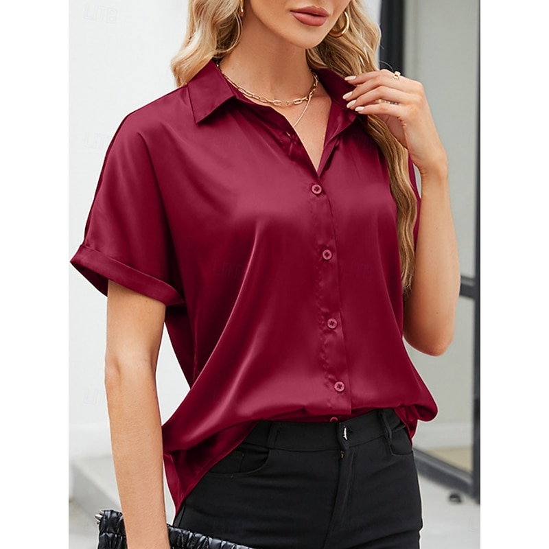 Women's Valentine Shirt Blouse Business Solid Color Regular Tops Short Sleeve Shirt Collar Buttons Regular Fit Work Formal Modern Casual Wear Red Green Gray Summer4