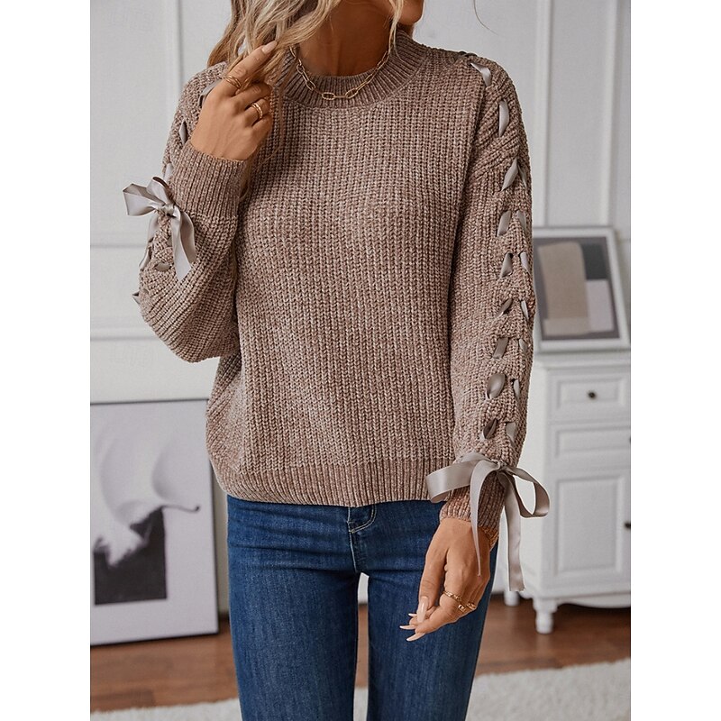 Women's Sweater Casual Soft Pure Color Ribbed Crew Neck Patchwork Knitted Long Sleeve Regular Tops Knit Outdoor Daily Weekend Pink Khaki Fall Winter4