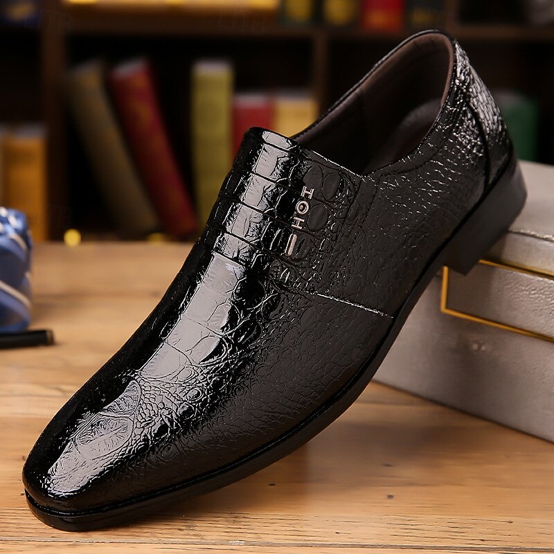 Men's Black Crocodile Pattern Patent Leather Dress Shoes – Elegant Slip-On Formal Shoes for Weddings, Business, and Evening Events3