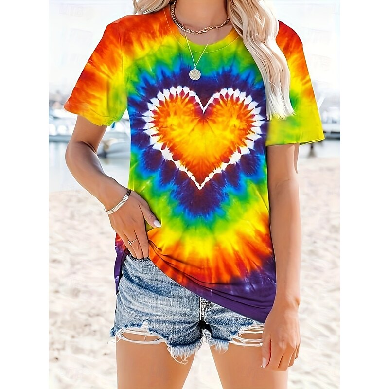 Valentine Women's Heart T Shirt Cute Tie Dye Regular Tops Short Sleeve Round Neck Print Regular Fit Daily Rainbow Summer