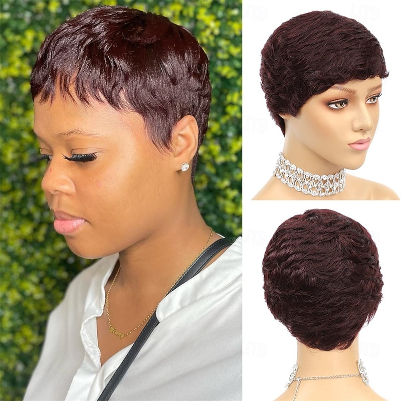 Human Hair Wig Short Natural Wave Pixie Cut Blonde Burgundy Natural Black Adjustable Natural Hairline For Black Women Machine Made Capless Brazilian Hair All Natural Black #1B Medium Auburn#30 Dark4