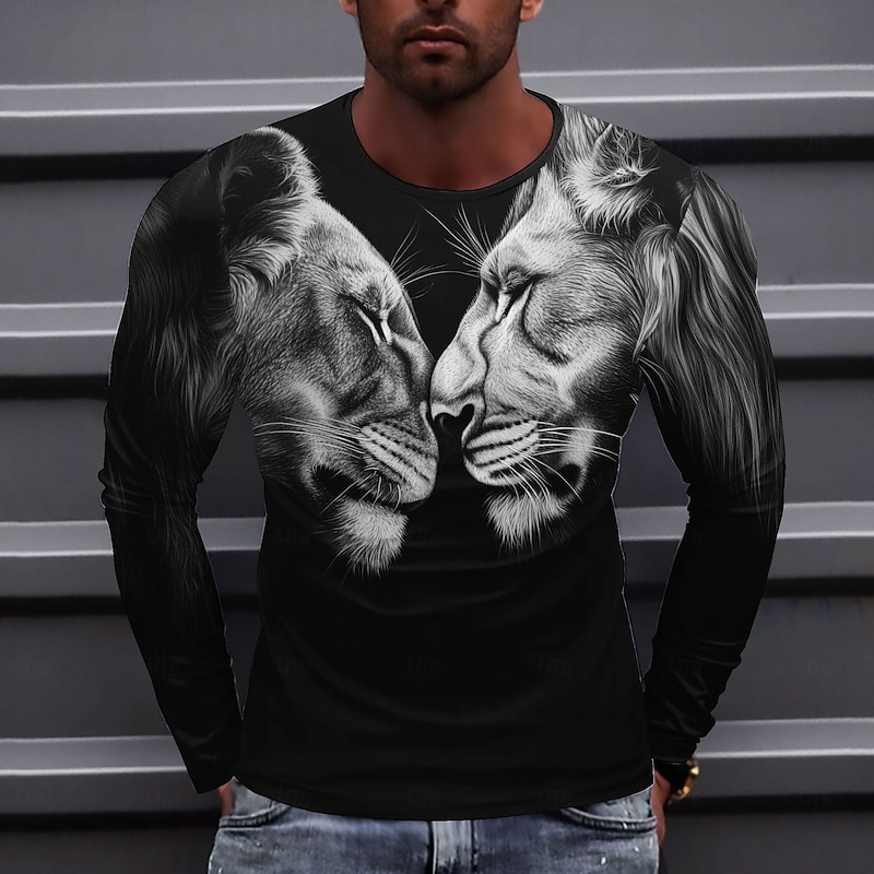 Men's Lion T Shirt Long Sleeve T shirt 3D Print Crew Neck Shirt Fashion Exaggerated Street Daily Black Summer Spring Fall Clothing Apparel S M L XL XXL XXXL