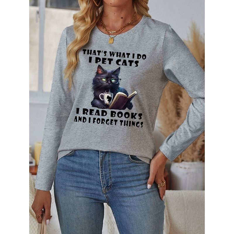 Women's 100% Cotton T Shirt Casual Cat Letter Regular Tops Long Sleeve Round Neck Print Regular Fit Daily Weekend Blue Beige Gray Fall Winter4