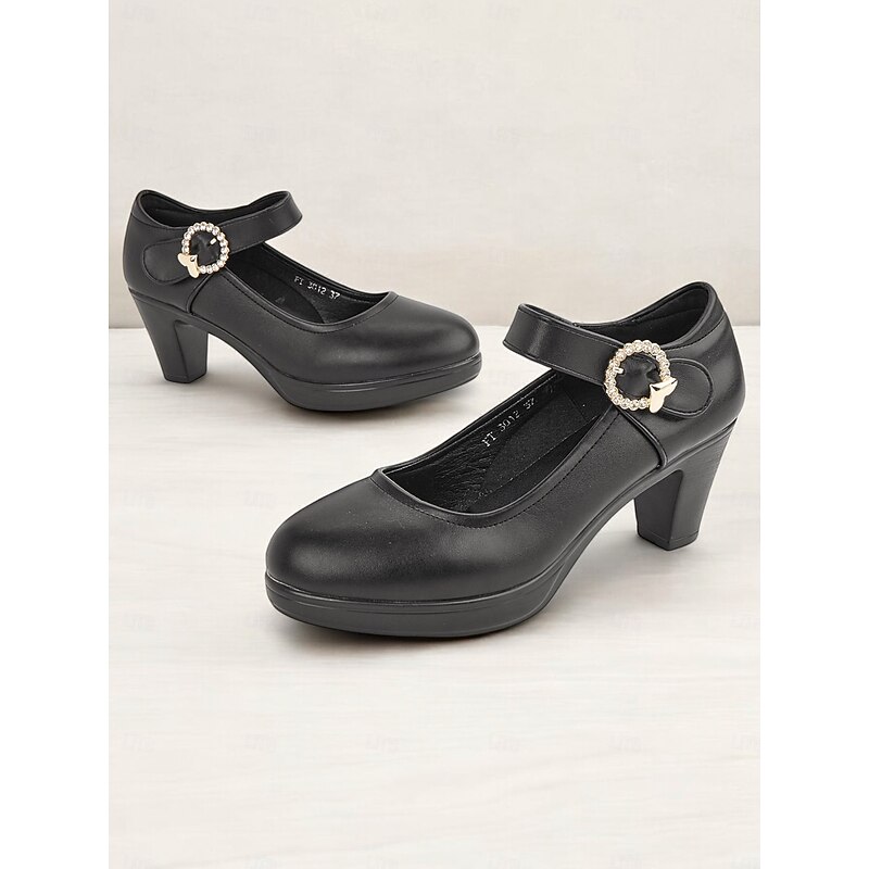 Women's Black Mary Jane Pumps with Rhinestone Buckle and Chunky Heel, Classic Style Comfortable Shoes for Office, Parties, and Daily Wear
