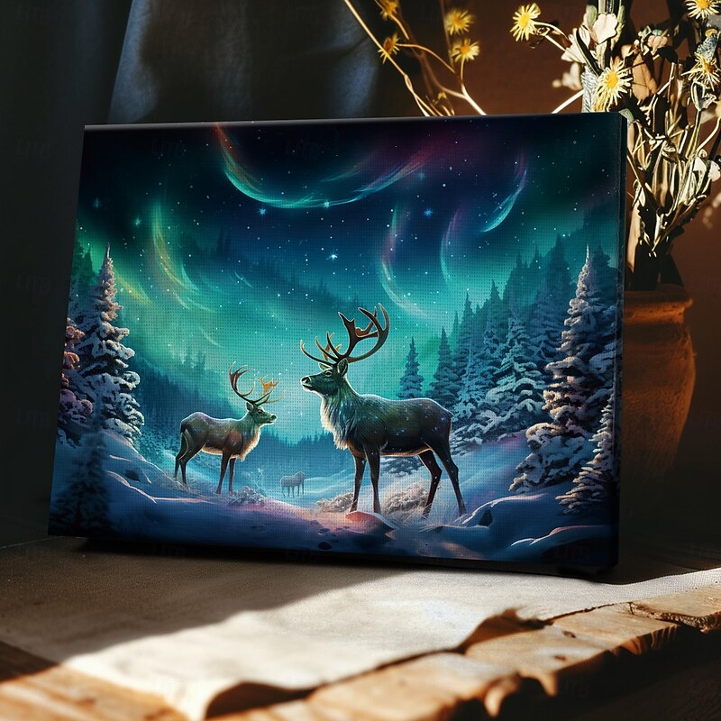 Northern Light LED Canvas Wall Art LED Lighted Up Wall Decor 2AA Battery Operated Lighted Canvas Print LED Light Kitchen Bedroom or Home Decor Aurora Reindeer Winter Wonderland