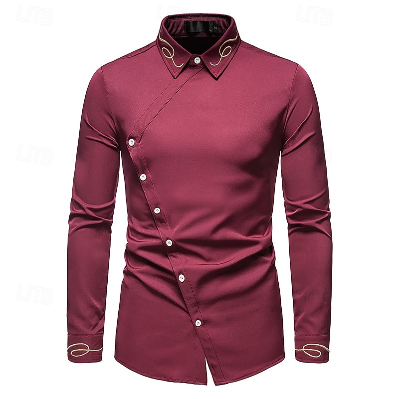 Men's Shirt Dress Shirt Button Up Shirt Plain Wedding Party Black White Red Navy Blue Long Sleeve Lapel Spring &  Fall Clothing Apparel Embroidered