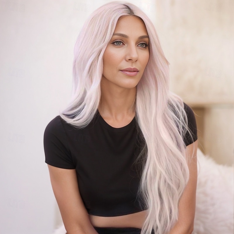 Kim Kardashian Inspired Wigs Synthetic Wig Wavy Middle Part Wig Long Sliver White Synthetic Hair Women's Fashionable Design Soft Natural White Gray