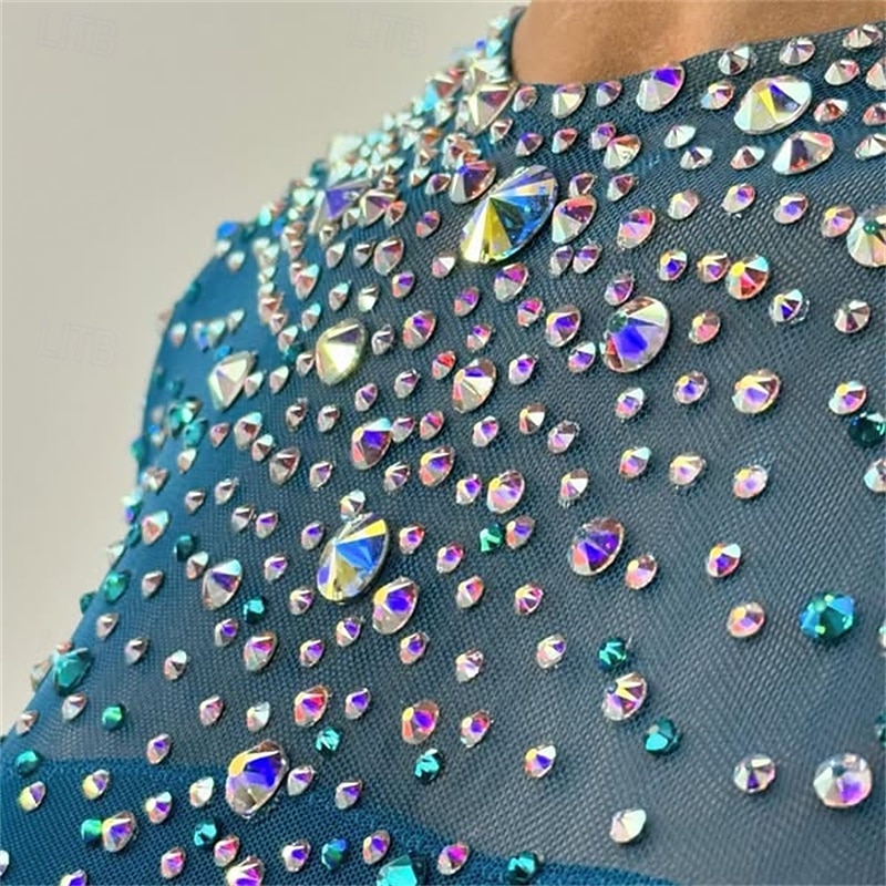 Figure Skating Dress Women's Girls' Ice Skating Dress Blue Open Back Asymmetric Hem Mesh High Elasticity Training Competition Skating Wear Classic Crystal / Rhinestone Long Sleeve Ice Skating Figure2