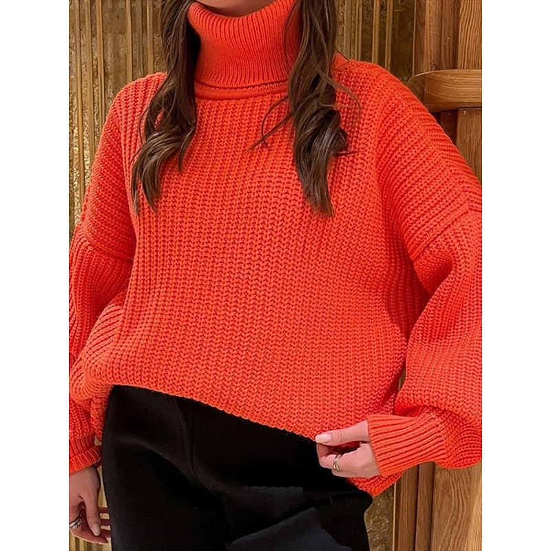 Women's Sweater Casual Soft Pure Color Ribbed Turtleneck Knitted Long Sleeve Regular Tops Knit Outdoor Daily Weekend Red Green Fall Winter