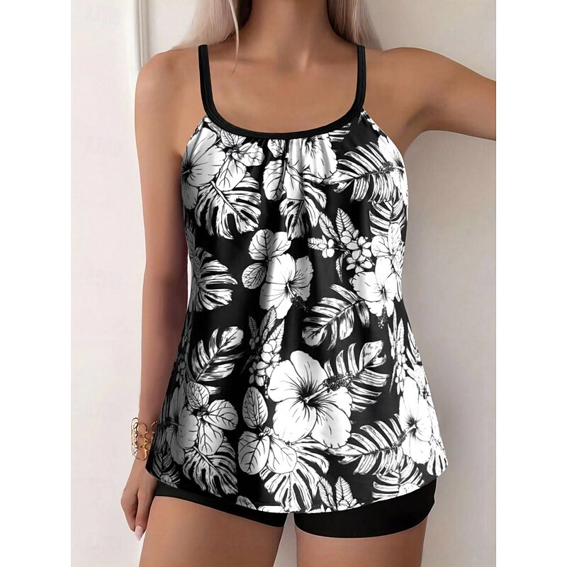 Women's Swimwear Tankini 2 Piece Boy Leg Swimsuit Backless High Waist Vacation Beach Wear Floral Leaves Round Neck Sleeveless Bathing Suits3