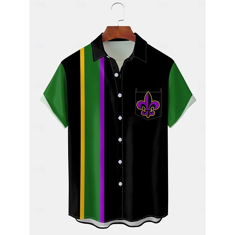 St. Patrick Men's Color Block Line Shirt Button Up Shirt Short Sleeves Artistic Casual Comfortable Outdoor Vacation Street Spring & Summer Shirt Collar Printing Black