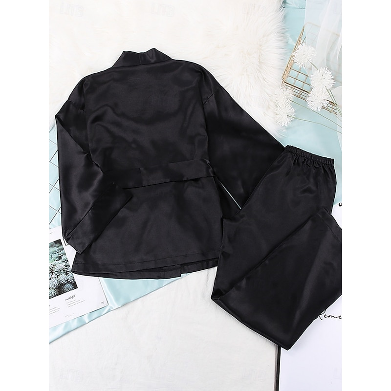 Women's Pajama Set Casual Comfort Pure Color Elastic Waist Robe Top Pant Home Daily Half Sleeve V Neck Black Blue Green Summer Spring Fall Regular Fit4