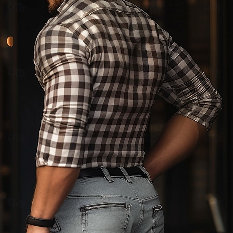 Men's Grid / Plaid Patterns Casual Shirt Button Up Shirt Long Sleeve Casual Business Casual Causal Casual Spring Fall Turndown Button Up White+Black2