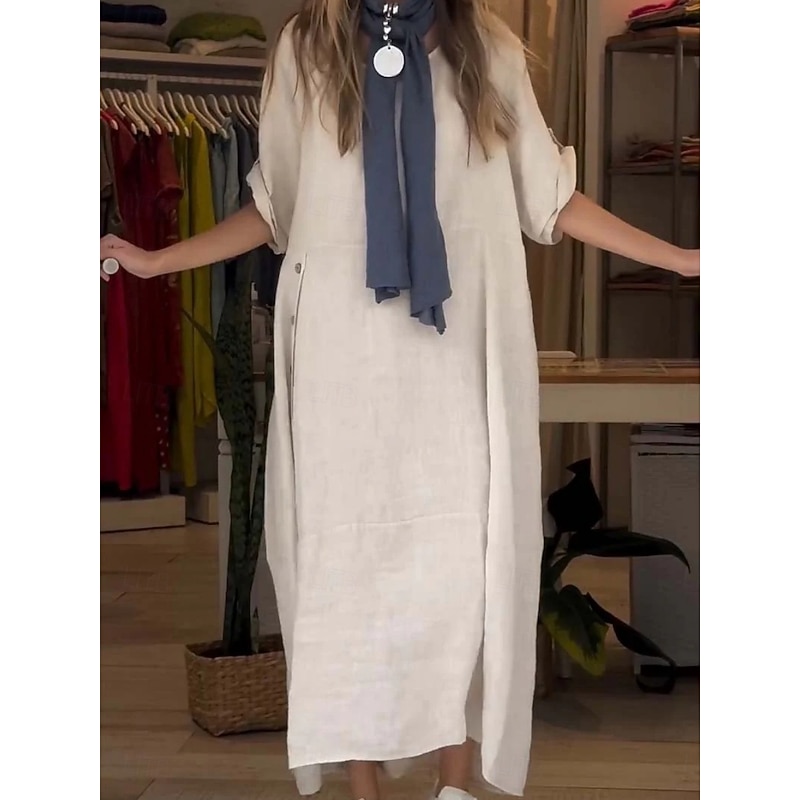 Women's Mini Dress Linen-Inspired Dresses Casual Dress Plain Dress Cotton Maxi Dress Casual Sports & Outdoor Street Regular Fit Plain Short Sleeve Crew Neck Green Apricot Gray Summer Spring Fall4