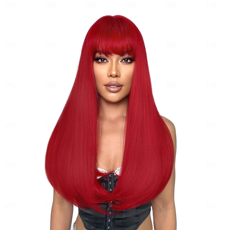 Red Wig with Bangs Long Straight Wigs for Women Red Natural Looking Hair Synthetic Heat Resistant Womens Wig for Daily Party Cosplay Use 22 Inch