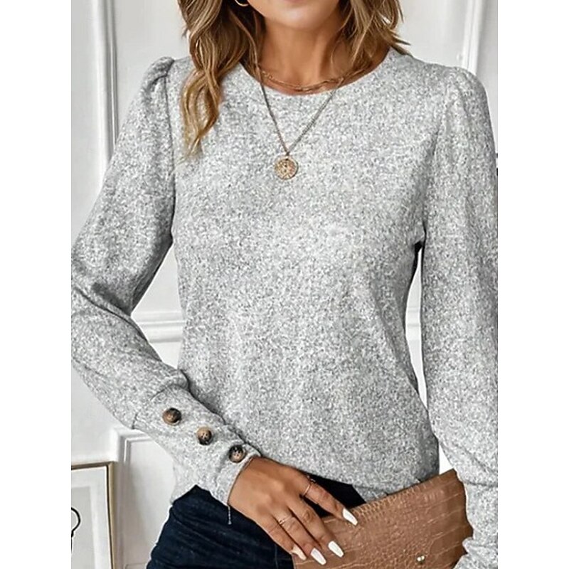 Women's Pullover Casual Plain Street Dailywear Crew Neck Buttons Long Sleeve Silver Fall Winter4