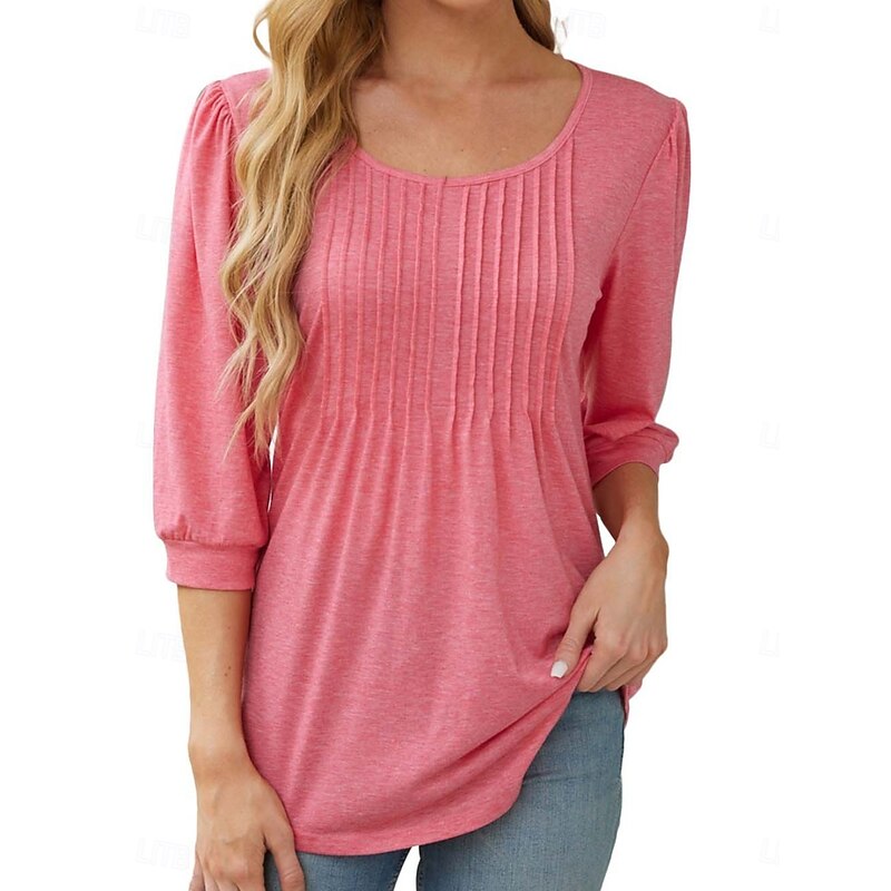 Women's Shirt Blouse Solid Color Basic Casual 3/4 Length Sleeve Crew Neck Regular Tops Daily Ruched Black White Pink Summer Spring