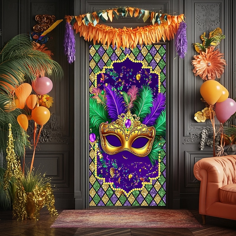 Carnival Mardi Gras Door Decorations Door Covers Door Tapestry Party Mask Door Curtain Decoration Backdrop Indoor/Outdoor Door Banner for Front Door Farmhouse