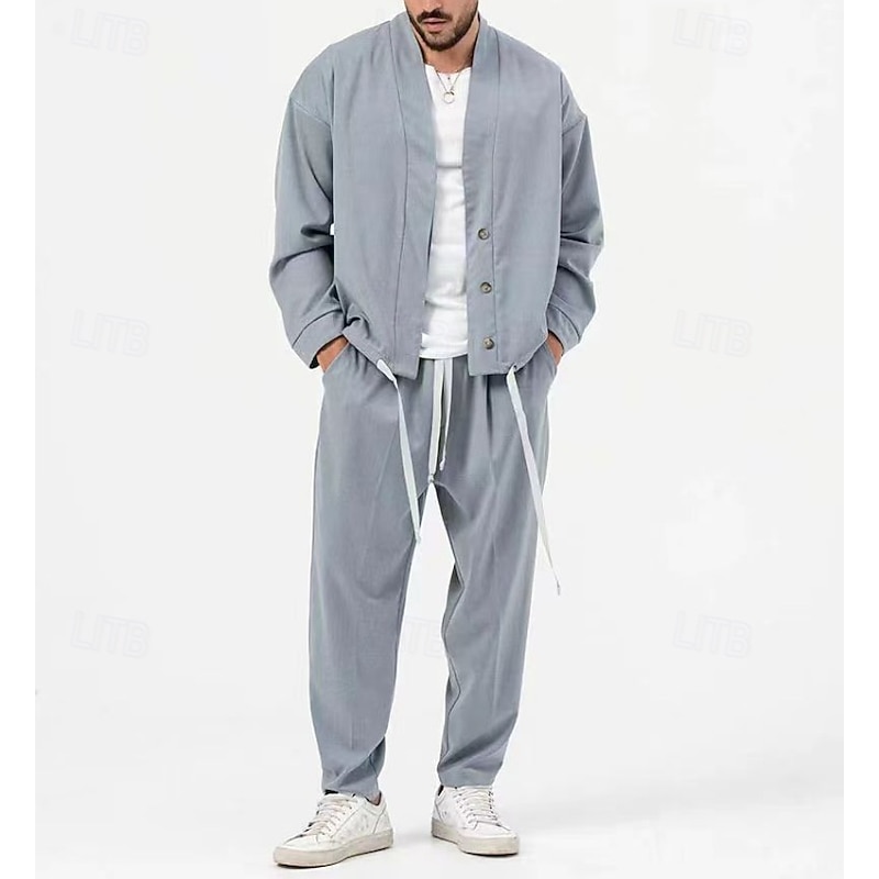 Men's 2 Piece Shirt Set Matching Sets Casual Shirt Green Light Grey Gray Long Sleeve Plain Daily Going out Clothing Apparel Fashion Casual