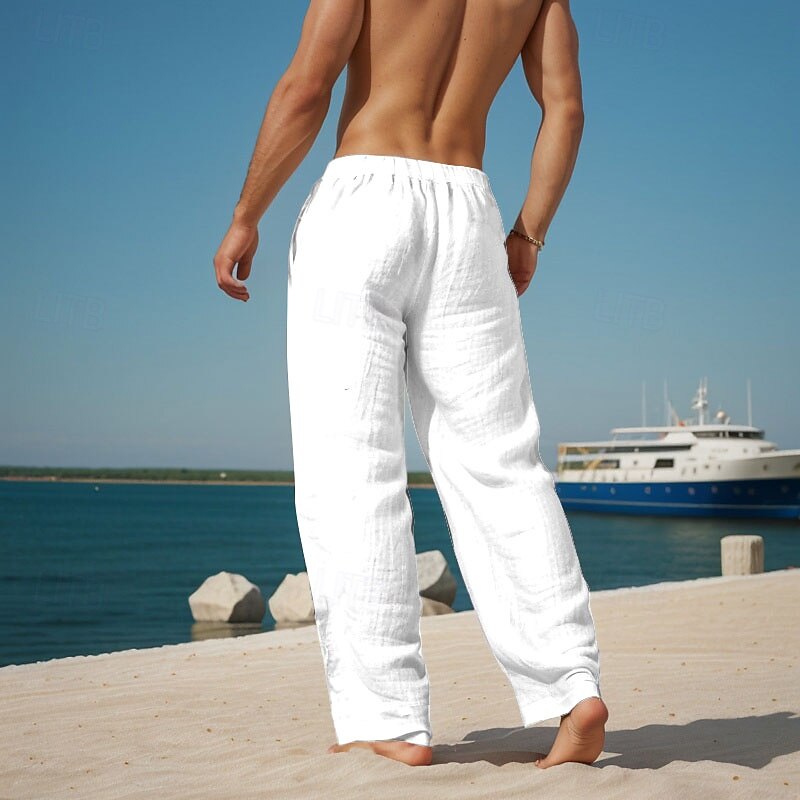 Men's Cotton Linen Pants Drawstring Elastic Waist Wide Leg Baggy Pants Turtle Sea Creatures Comfort Full Length Outdoor Streetwear Vacation Hawaiian Trousers White Blue Micro-elastic2