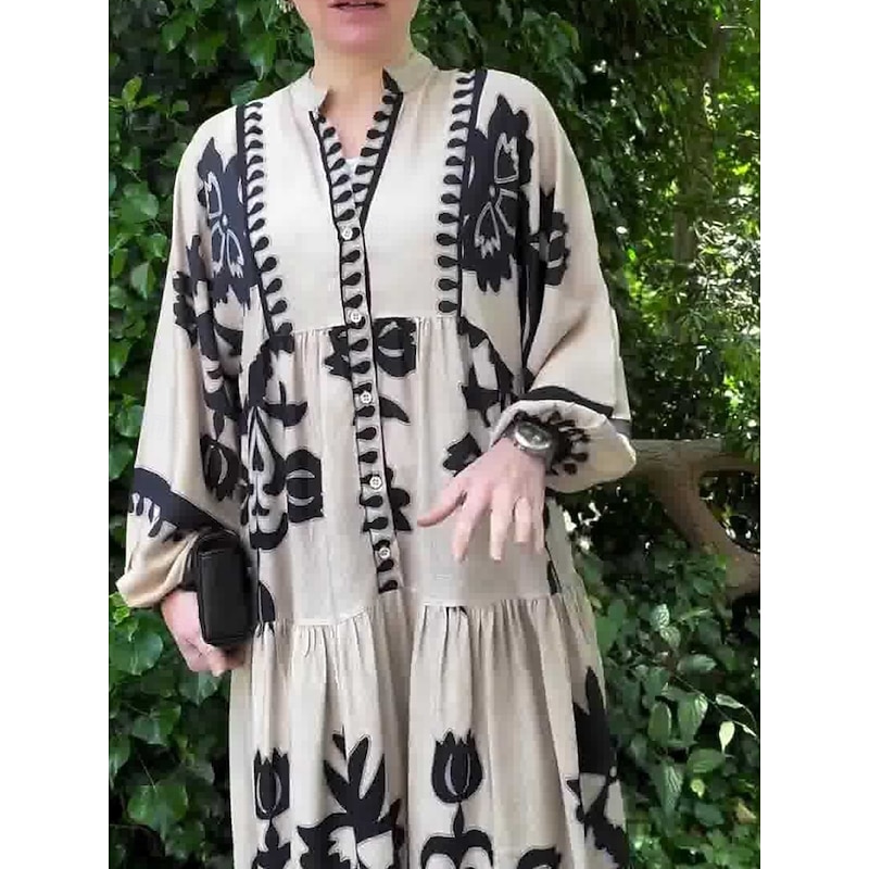 Women's Maxi Dress Casual Dress Swing Dress Boho Dress Vintage Ethnic Casual Vacation Daily Regular Fit Floral Long Sleeve Notched Neck Black White Spring Fall2