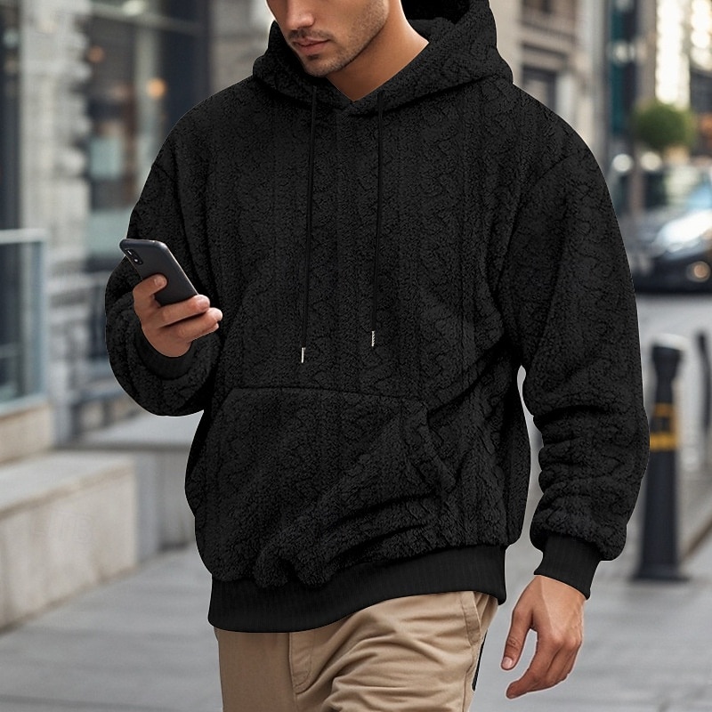 Men's Hoodie Fleece Hoodie Apricot Black Blue Brown Gray Hooded Plain Jacquard Pocket Ribbed Textured Sports & Outdoor Daily Holiday Polyester Streetwear Basic Casual Fall & Winter Clothing Apparel3