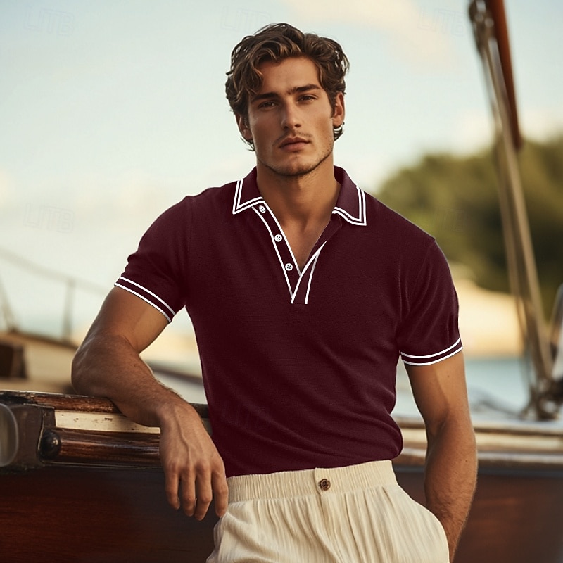 Men's Golf Shirt Pique Polo Shirt Work Business Ribbed Polo Collar Classic Short Sleeve Basic Modern Solid Color Buttons Ribbed Spring & Summer Regular Fit Black Wine Navy Blue Royal Blue Golf Shirt3
