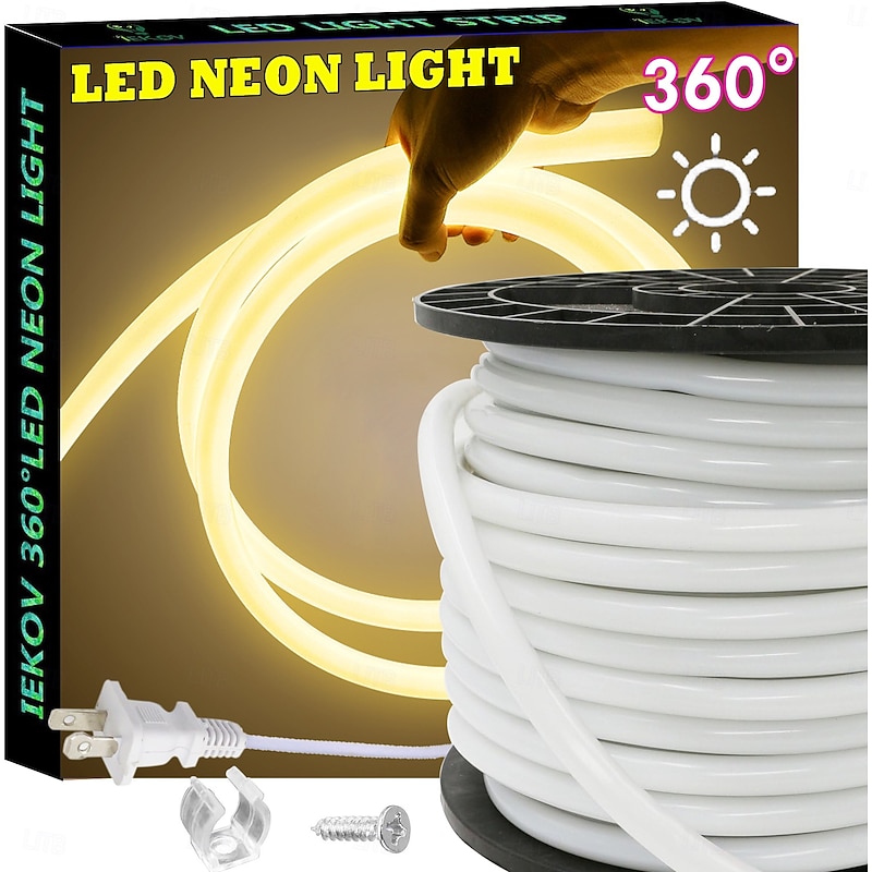 360 Neon Light LED Strip AC110 16-100 ft Flexible/Waterproof/ Dimmable Timing Warm White LED Rope Lightremote Control Suitable for Home/Garden/Building Decoration DIY Decor US Plug2