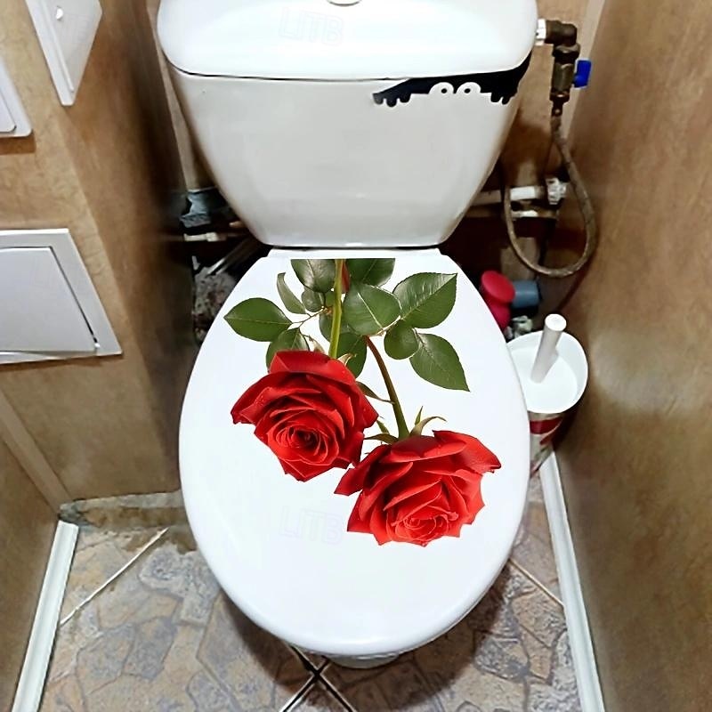 Red Rose Romantic Toilet Sticker, Bathroom Toilet Seat Decorative Sticker, Bathroom Decorative Wall Sticker, Bathroom Decoration, Home Decoration3