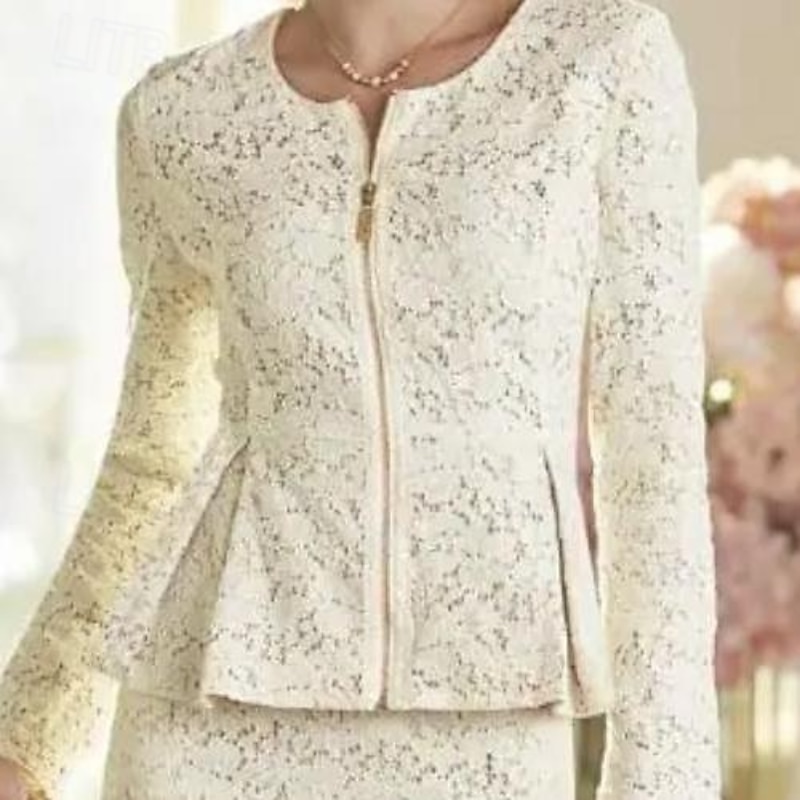 Two Piece Sheath Mother of the Bride Dress Wedding Guest Elegant Party Scoop Neck Knee Length Lace Long Sleeve Wrap Included with Solid Color Race Day Dress3