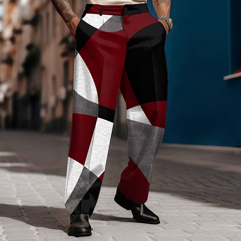 Men's Color Block Geometric Pattern Trousers Dress Pants Mid Waist Casual Vintage Retro Holiday Streetwear Dads Day Gifts Flat-Front Straight Leg Trousers Summer Spring Fall 3D Print Black Wine Blue