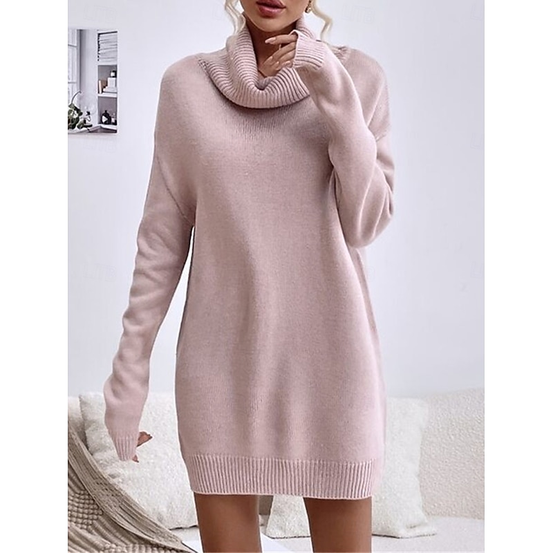 Women's Sweater Dress Casual Soft Pure Color Ribbed Turtleneck Knitted Long Sleeve Long Tops Knit Outdoor Daily Weekend Black Pink Fall Winter2