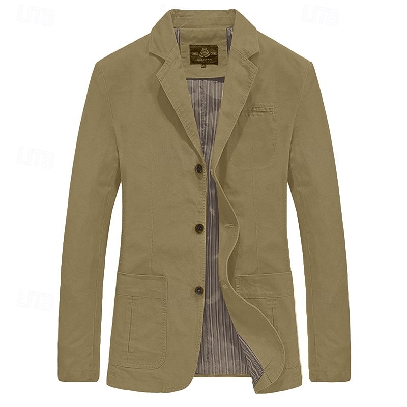 Men's Blazer Jacket Work Business Classic & Timeless Spring Fall Polyester / Cotton Solid Color Formal Style Windproof Buttoned Front Blazer Black Green Khaki3