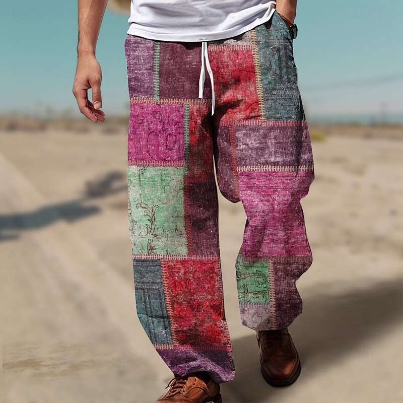 Men's Color Block Patchwork Mid Waist Hawaiian Casual Outdoor Casual Holiday Straight Leg Trousers Summer Spring 3D Print Pink Red Blue4