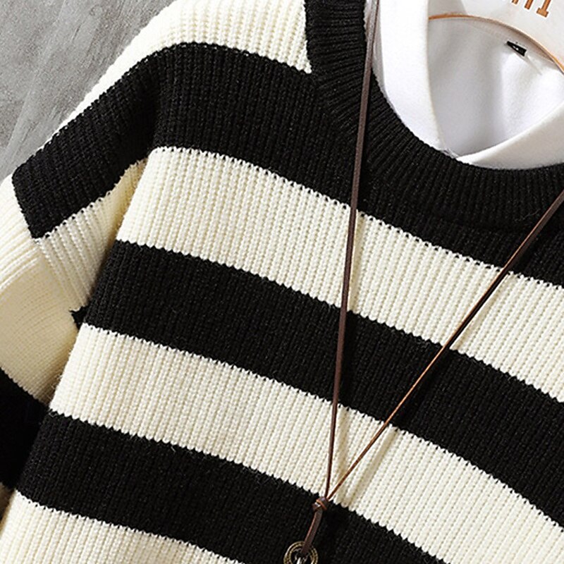 Men's Pullover Sweater Jumper Knit Sweater Ribbed Knit Regular Tops Knitted Stripe Crew Neck Fashion Basic Vacation Daily Wear Clothing Apparel Fall & Winter White Blue M L XL4