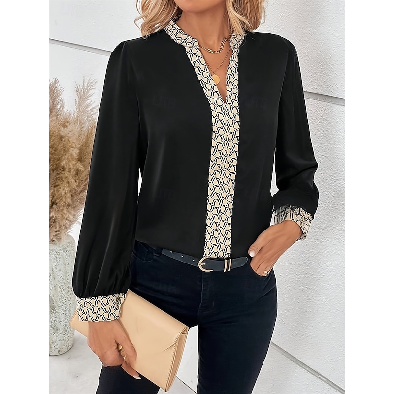 Women's Blouse Elegant Stylish Casual Long Sleeve V Neck Regular Tops Work Daily Going out Black Spring Fall