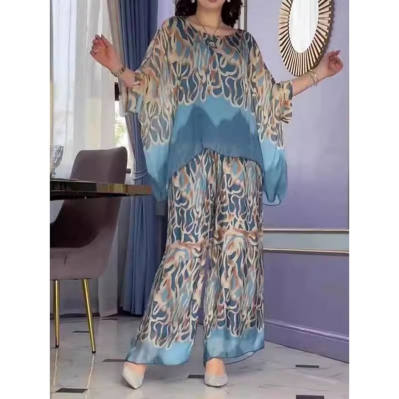 Women's Fashion Streetwear Daily T Shirt Wide Leg Pants 3/4 Length Sleeve Crew Neck Geometric Print Casual Daily Blue Summer Regular Fit2