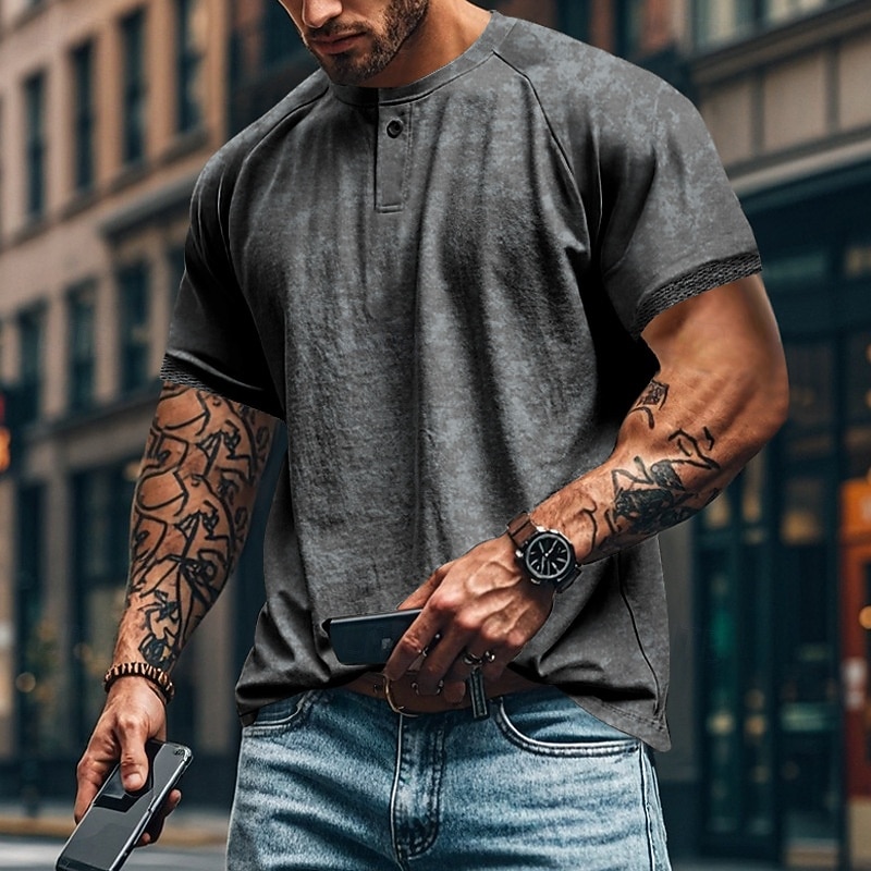 Men's Henley Shirt Tee Short Sleeve Solid Color Plain Distressed Buttons Washed Henley Outdoor Casual Daily Summer Spring &  Fall Black Gray Navy Blue Henley T-Shirt