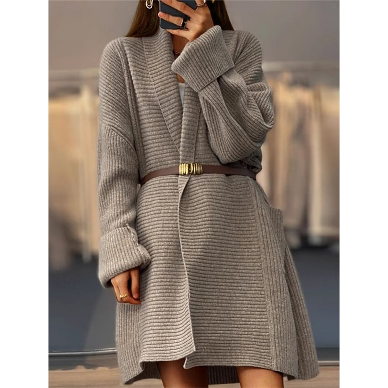 Women's Sweater Cardigan Casual Soft Pure Color Ribbed Open Front Pocket Knitted Long Sleeve Long Tops Knit Outdoor Daily Weekend Khaki Beige Fall Winter3